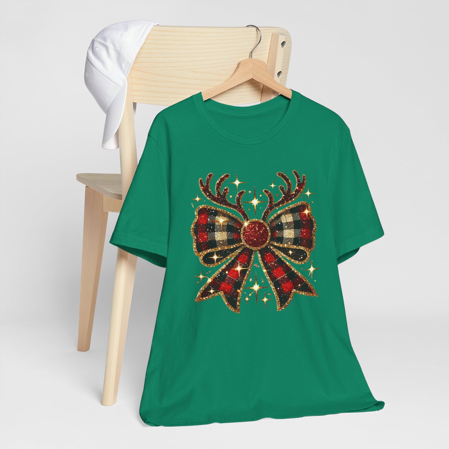 Christmas Plaid Reindeer Bow T-Shirt
