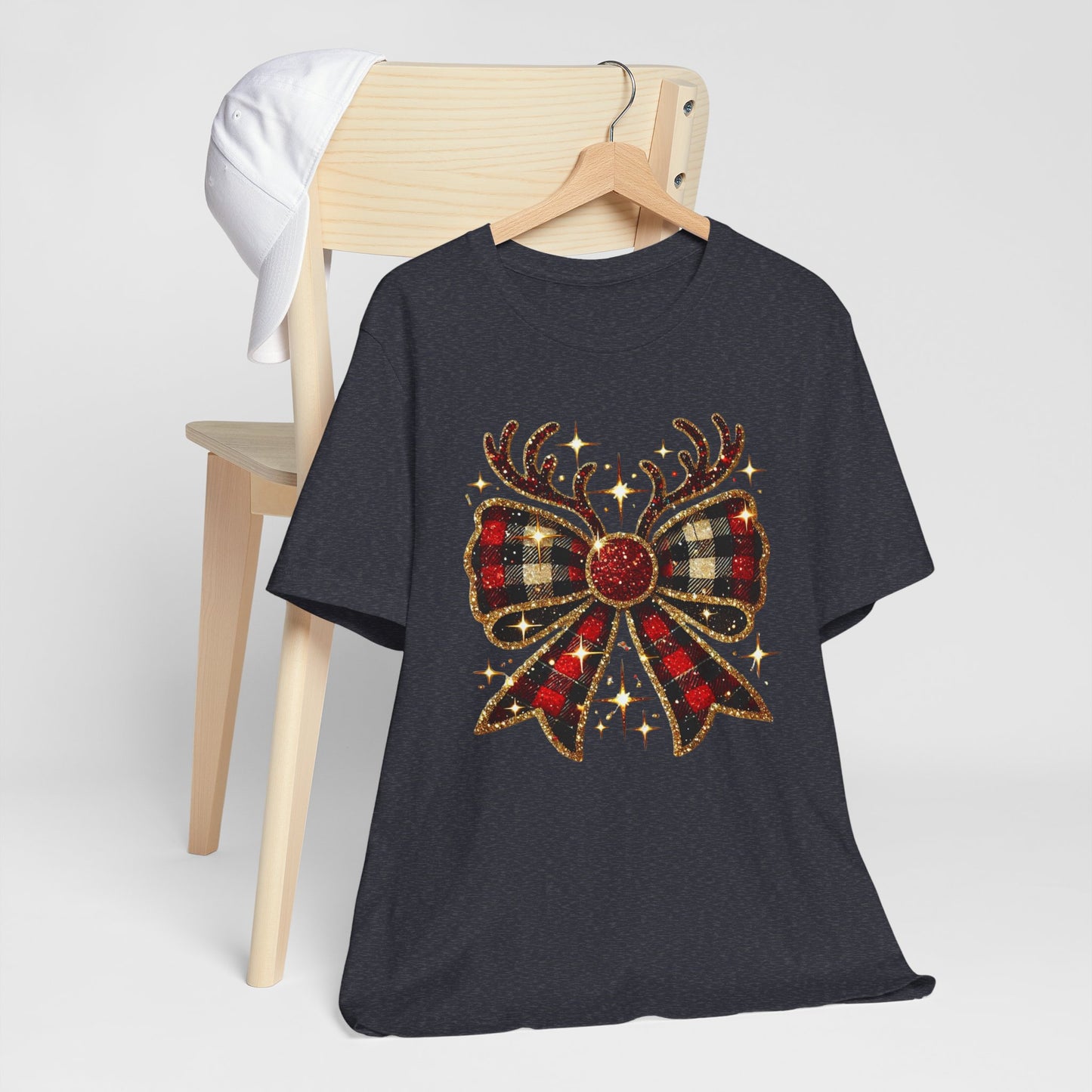 Christmas Plaid Reindeer Bow T-Shirt