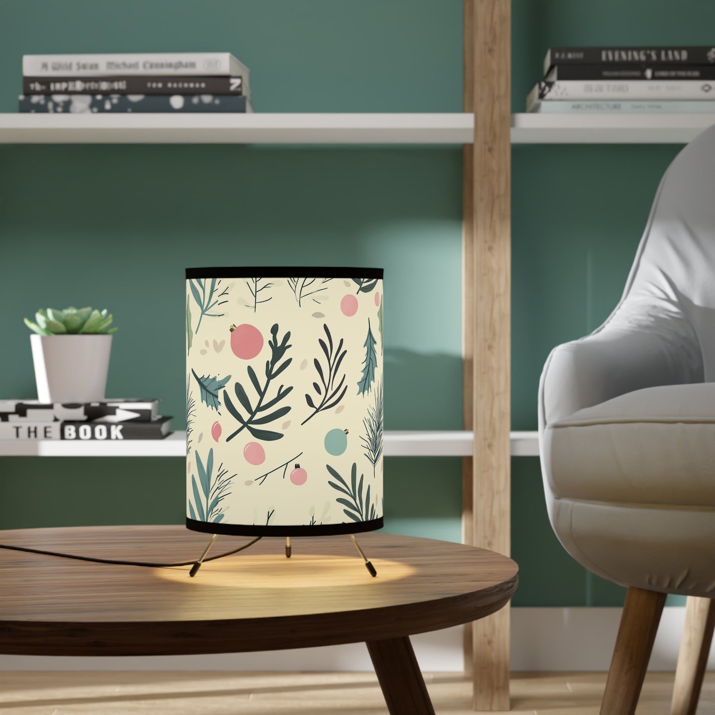 Botanical Holiday Tripod Lamp — Printed Leaf & Ornament Drum Shade
