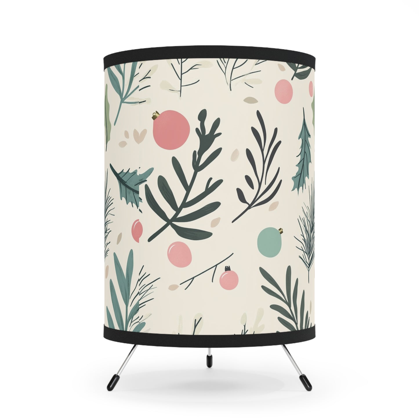 Botanical Holiday Tripod Lamp — Printed Leaf & Ornament Drum Shade