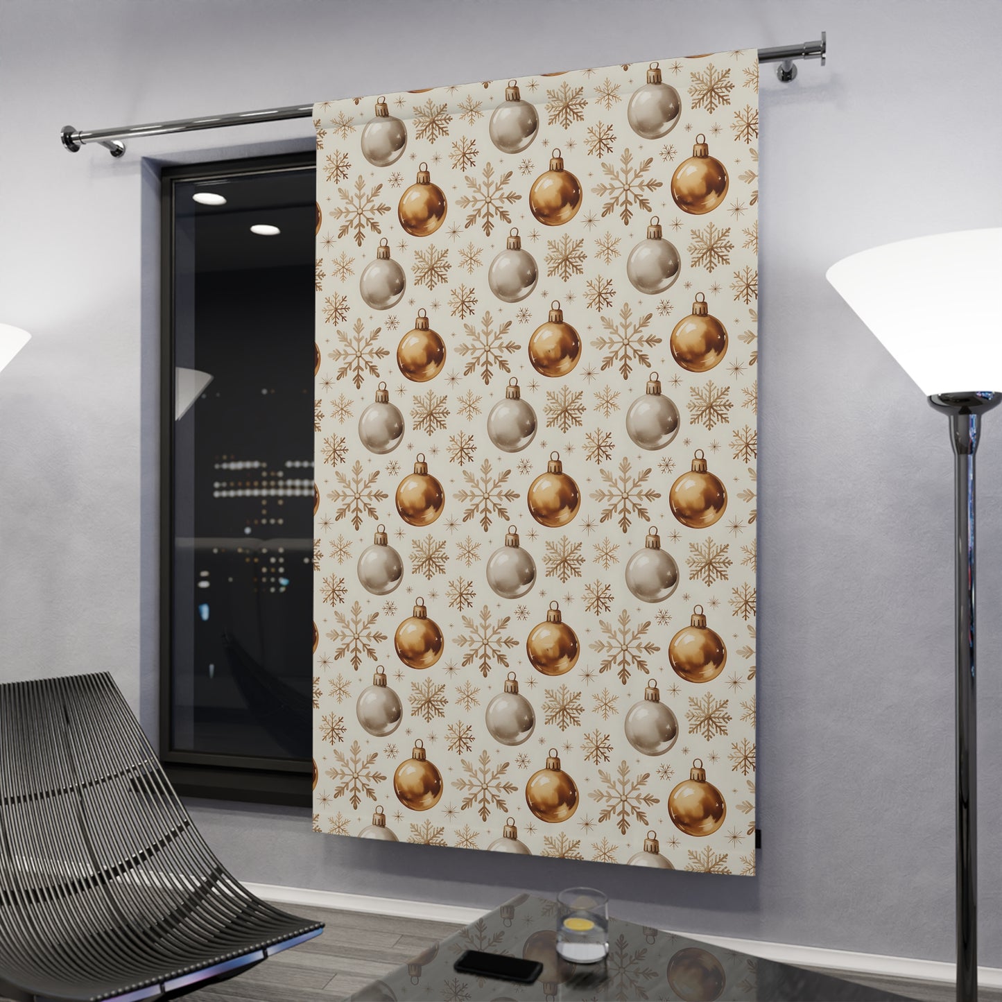 Holiday Curtain Panel — Gold & Silver Christmas Ornament Pattern