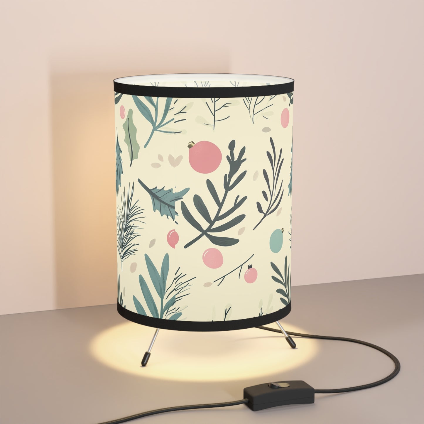 Botanical Holiday Tripod Lamp — Printed Leaf & Ornament Drum Shade