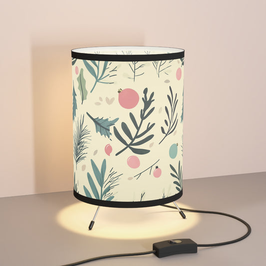 Botanical Holiday Tripod Lamp — Printed Leaf & Ornament Drum Shade