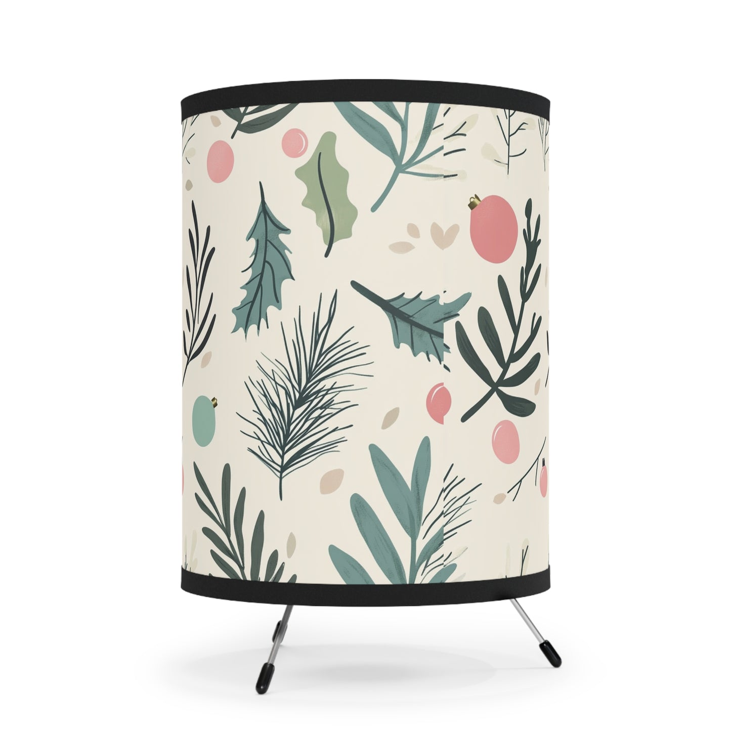Botanical Holiday Tripod Lamp — Printed Leaf & Ornament Drum Shade