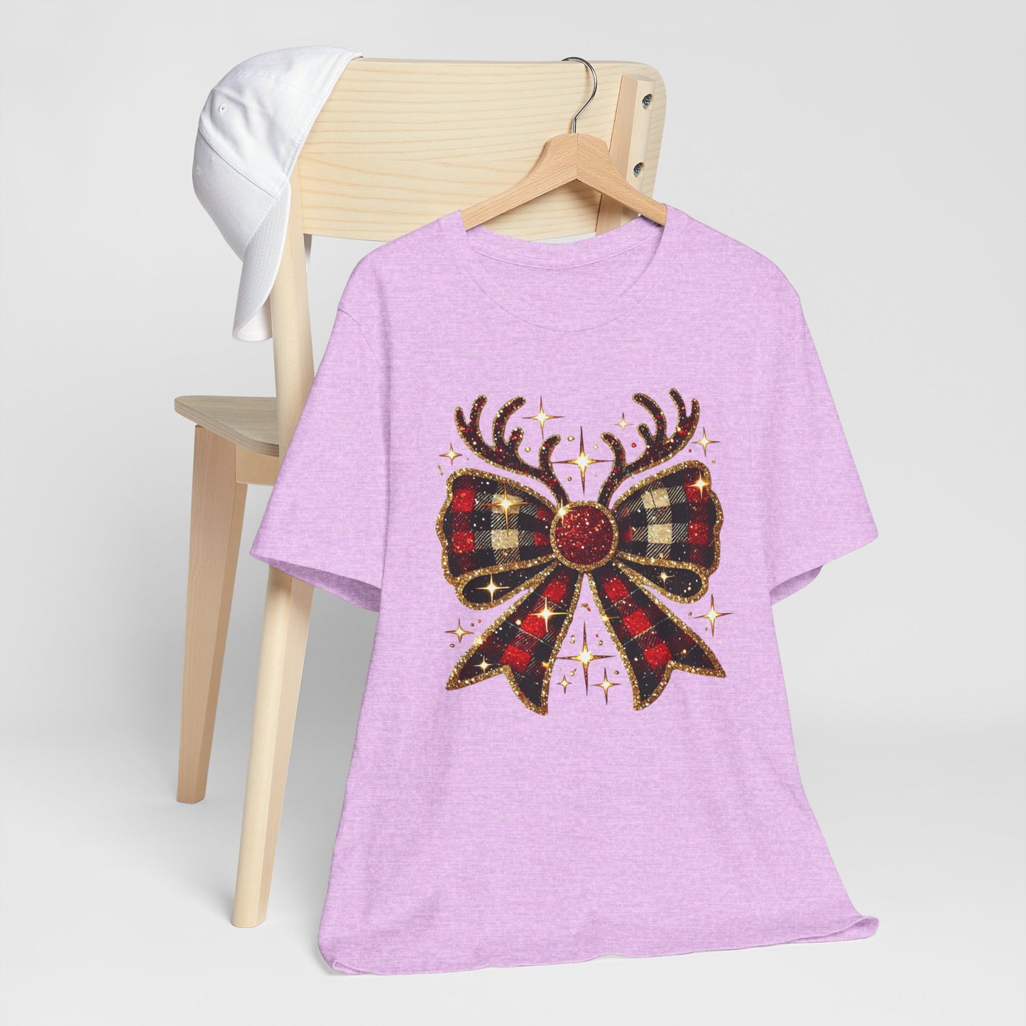 Christmas Plaid Reindeer Bow T-Shirt