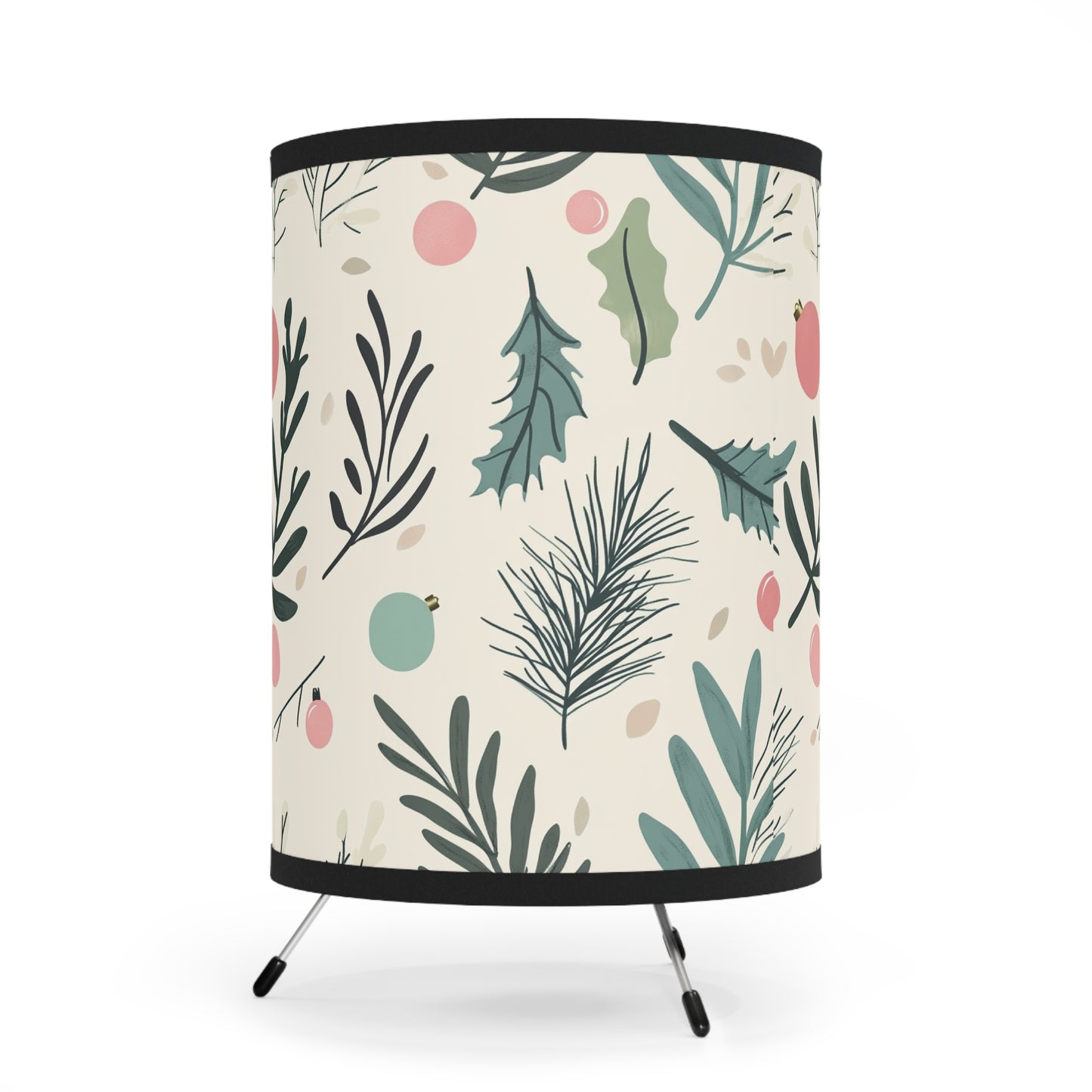 Botanical Holiday Tripod Lamp — Printed Leaf & Ornament Drum Shade