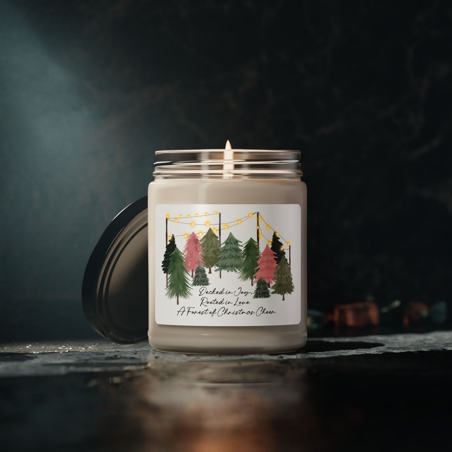 Christmas Forest Soy Candle — 9oz Scented Jar (Holiday Trees & String Lights)