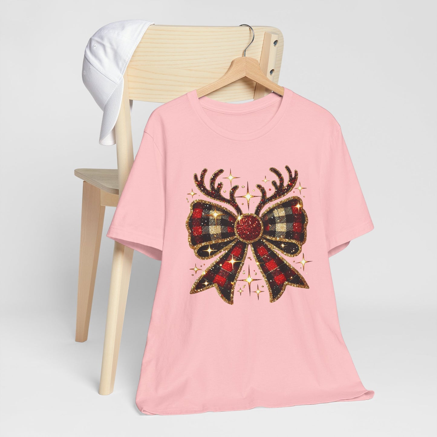 Christmas Plaid Reindeer Bow T-Shirt
