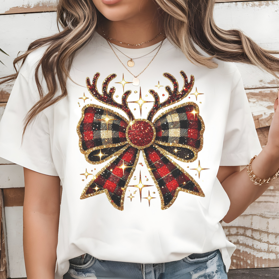 Christmas Plaid Reindeer Bow T-Shirt