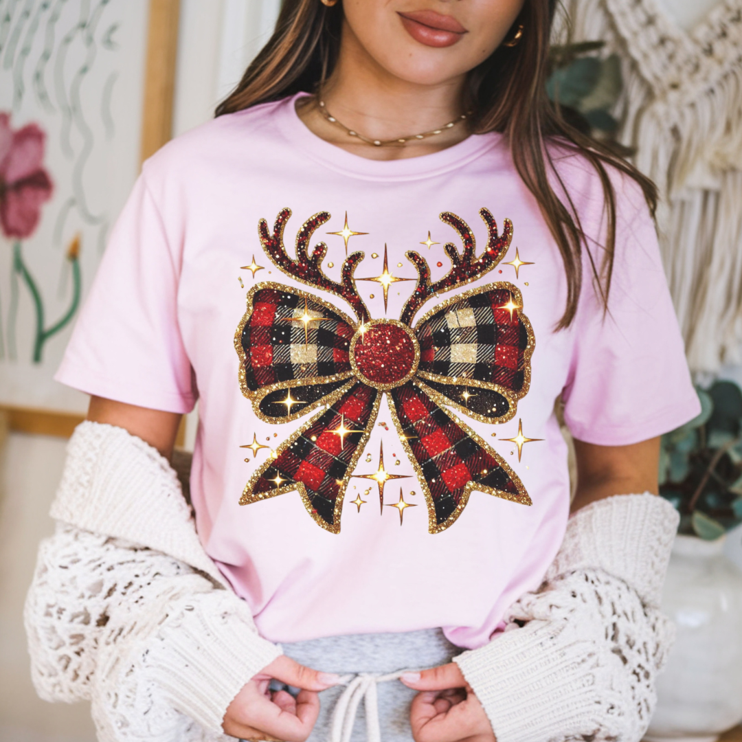 Christmas Plaid Reindeer Bow T-Shirt