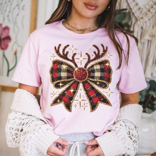 Christmas Plaid Reindeer Bow T-Shirt