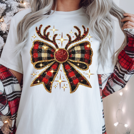 Christmas Plaid Reindeer Bow T-Shirt
