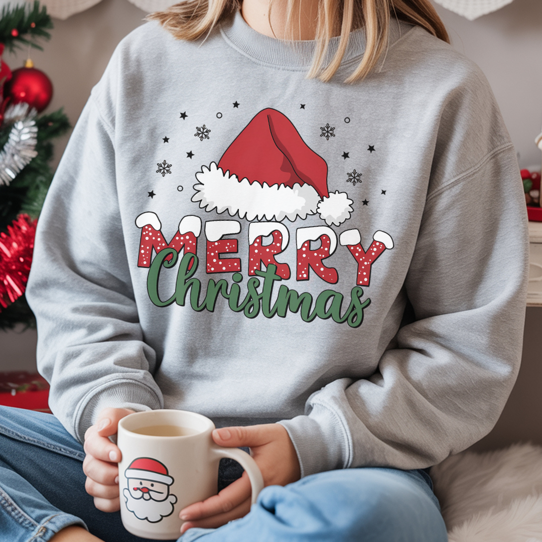 Christmas Crewneck Sweatshirt - Festive Santa Hat Holiday